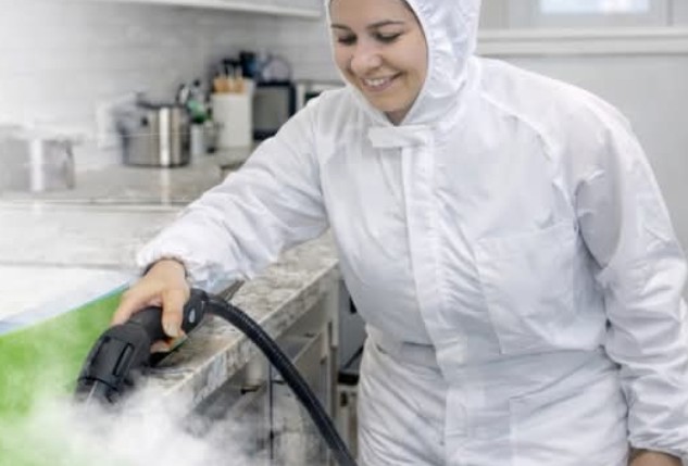 Professional cleaner with protective suit